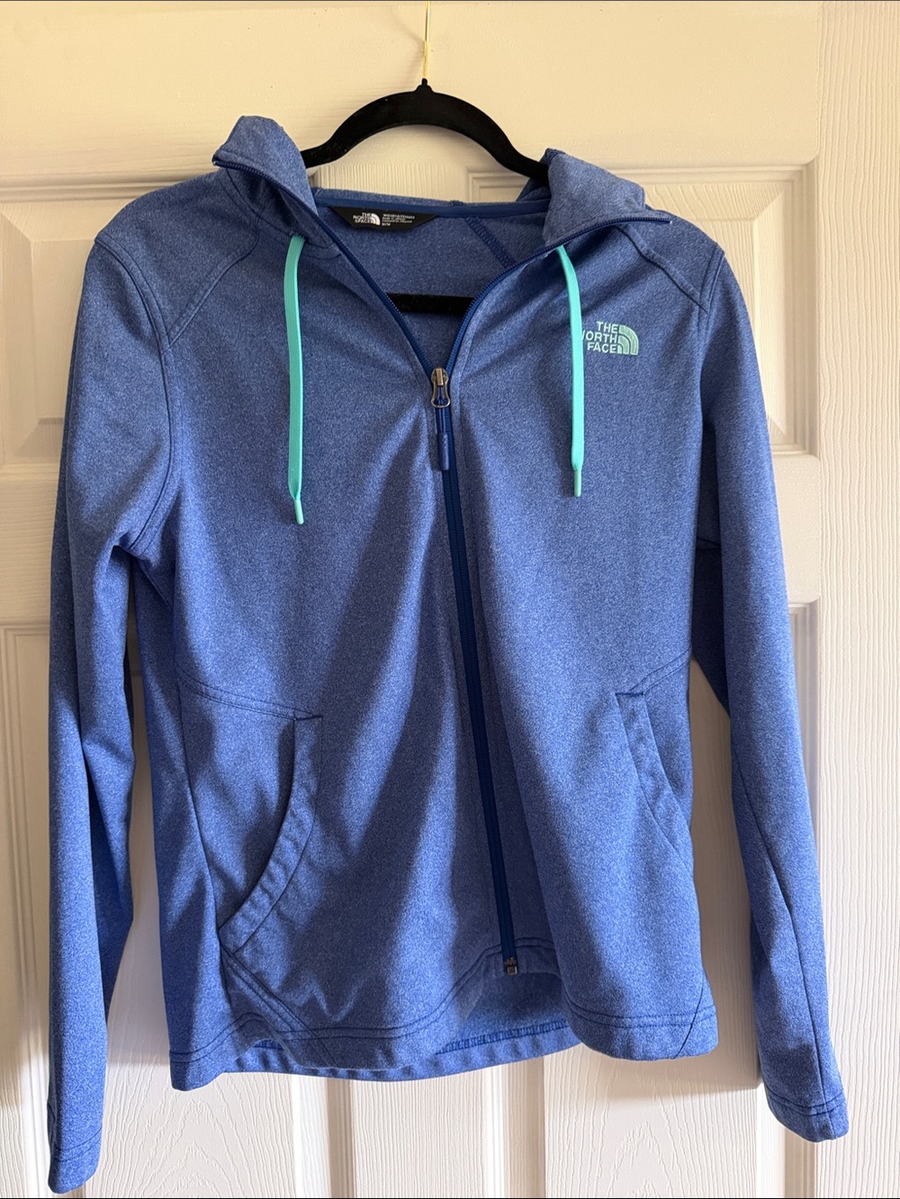 The North Face Women’s  Blue Zip-Up Hoodie with Aqua Drawcords